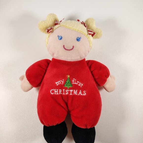 Baby Starters Plush My First Christmas Doll Rattle Blonde Girl Pigtails 9” Tall - Picture 1 of 3